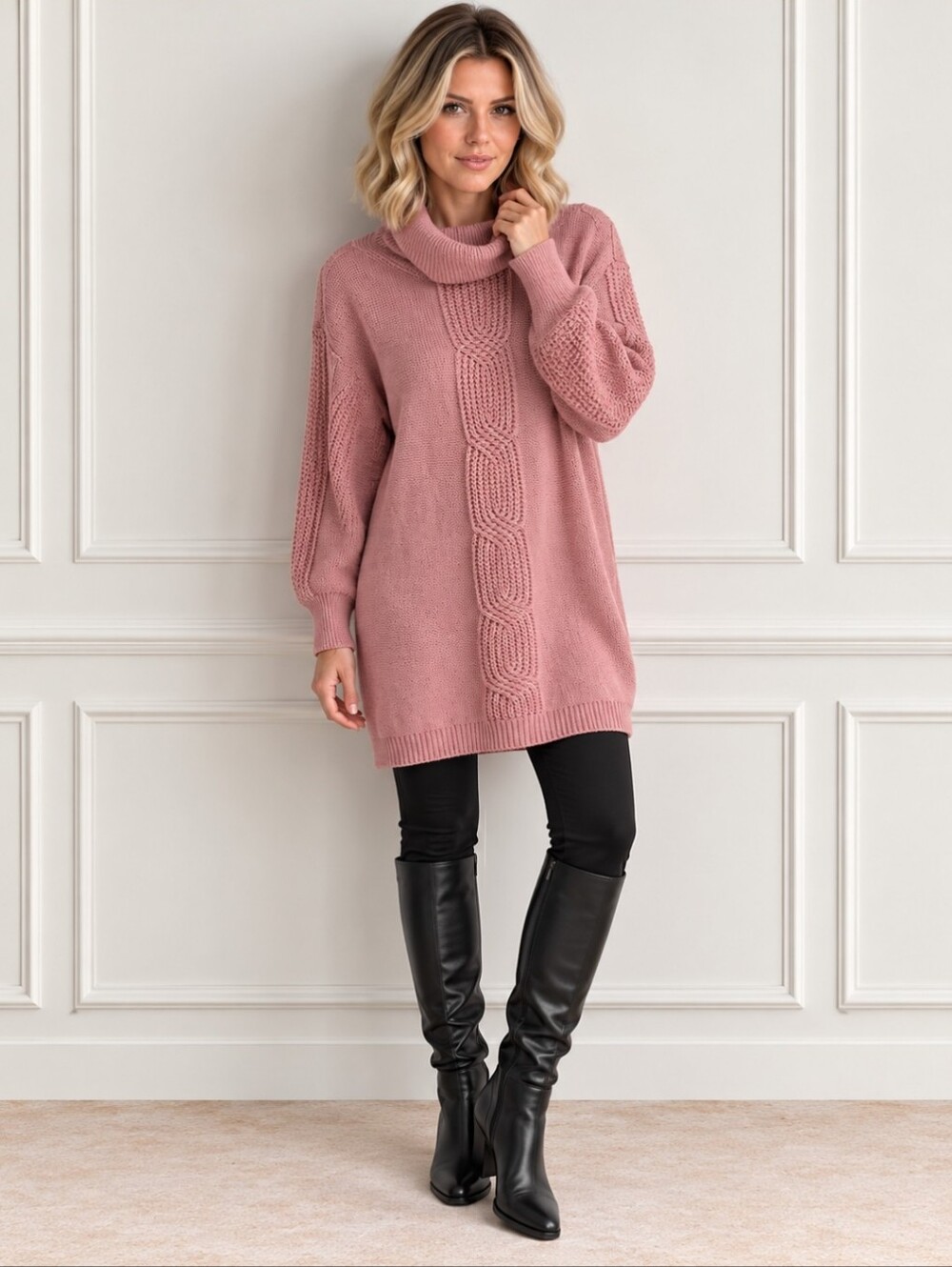 Full Circle Trends Dusty Rose Cable Knit Sweater Dress | Large
